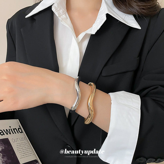 Polished Wave Open Cuff Bracelet Silver Gold 2 Colors