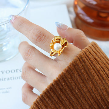 Irregular Sculptural Open Pearl Ring Gold Or Steel Finish