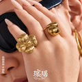 Sculptural Flower and Waterdrop Open Rings in Gold Tone view 1