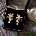 Gold Crystal Bow Stud Earrings Dual White Pearl Drops view 1
