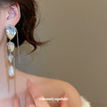 Iridescent Crystal Teardrop Pearl and Chain Tassel Earrings view 4