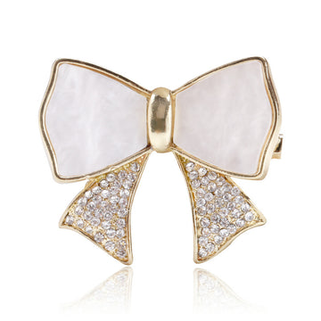 White Bow Brooch Pin with Crystal Pave Ribbon Tails