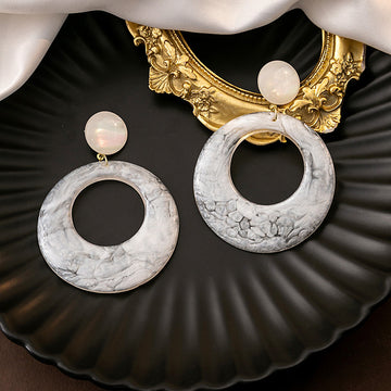 White Marble Look Large Open Ring Statement Earrings