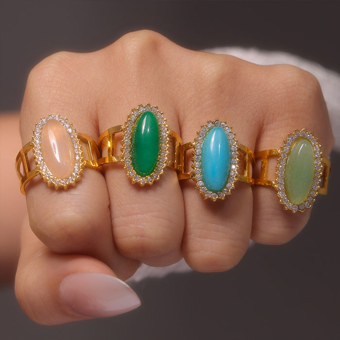Gold Open Oval Natural Stone Halo Adjustable Ring Metal