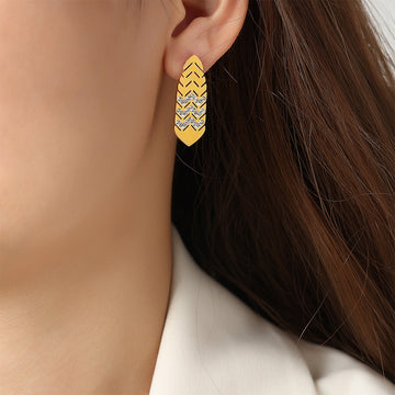 Gold Leaf Chevron Stud Earrings Clear Crystal Zigzag Inlay