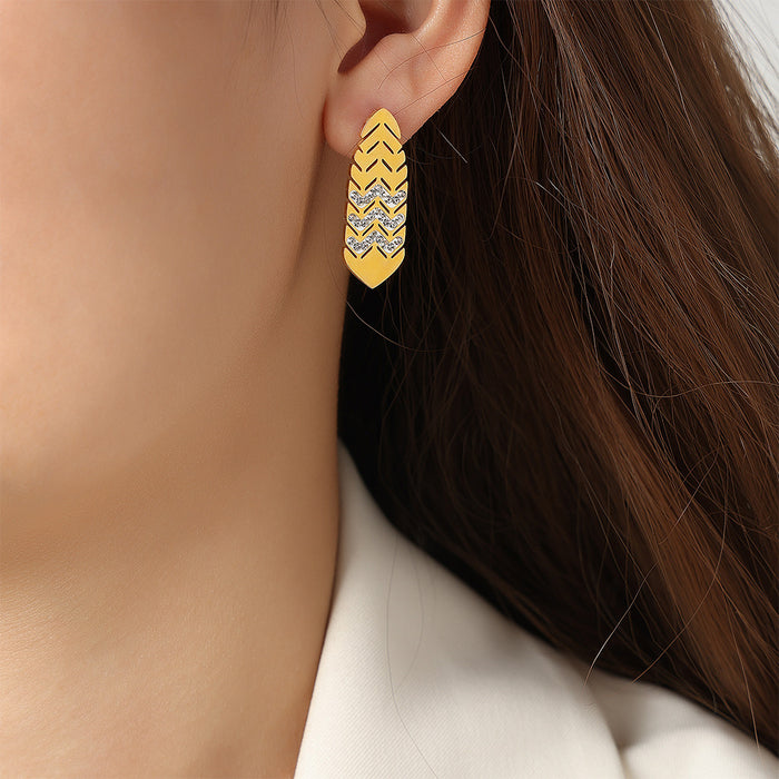 Gold Leaf Chevron Stud Earrings Clear Crystal Zigzag Inlay