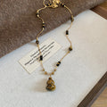 Tiger Eye Gourd Necklace Cord Bead Collar Gold Tassel Hoops view 6
