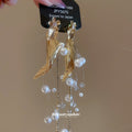 Gold Tone Leaf and Pearl Branch Dangle Stud Earrings view 4