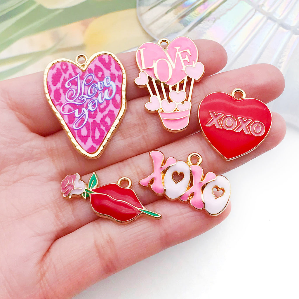 Enamel Zinc Alloy Heart Rose Charm Pendant for DIY Bracelet Earring Keychain Jewelry