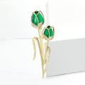 Green Double Tulip Bud Brooch With Long Gold Tone Stems view 3