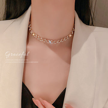 Gold Pearl Rhinestone Flower Link Choker Necklace Single Style