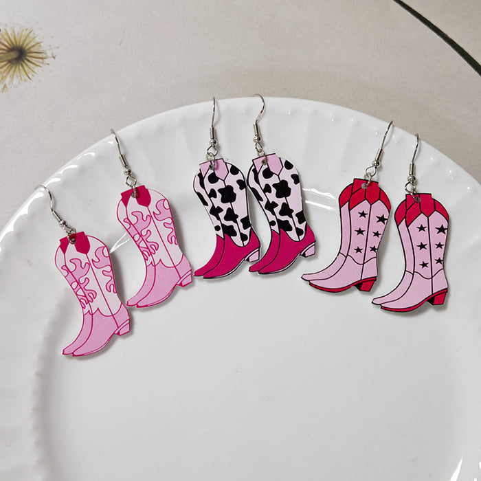 Pink Acrylic Cowboy Boot Dangle Earrings 3 Patterns