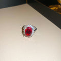 Silver Tone Red Oval Crystal Necklace And Ring With Clear Halos view 7
