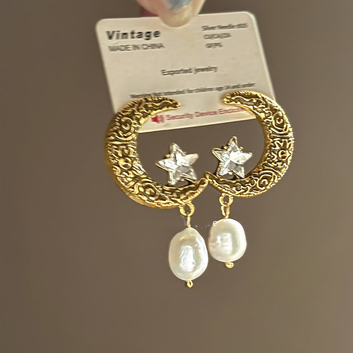 Antique Gold Tone Moon Star and Faux Pearl Drop Earrings
