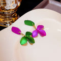 Green and Fuchsia Satin Look Flower Mismatched Earrings view 4