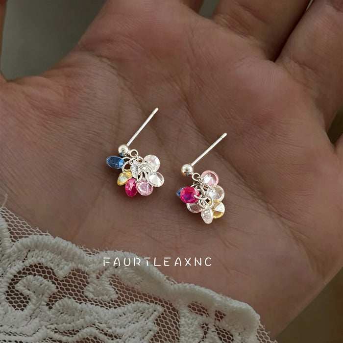 Multicolor Crystal Disc Cluster Tassel Stud Earrings