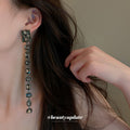 Black Crystal Square Linear Tassel Drop Earrings Polished Metal Jewelry view 3