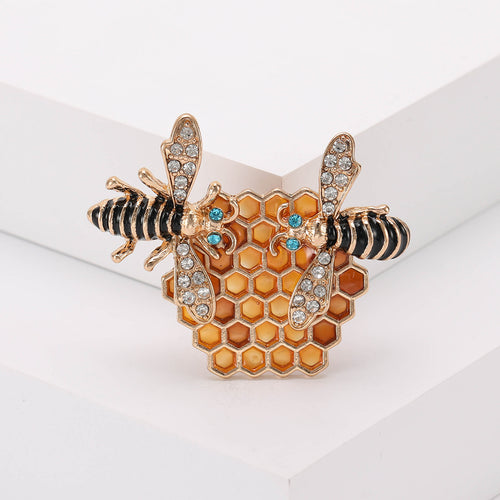 Bees honeycomb brooch close-up crystal wings