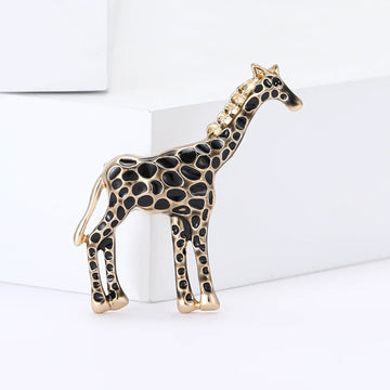Black Enamel Giraffe Brooch with Gold Tone Frame for Jackets and Scarves