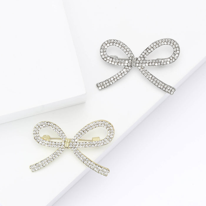 Rhinestone Bow Brooch Silver Or Gold Pavé Crystal Pin