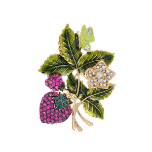 Green Enamel Strawberry Brooch Pin with Pink and Clear Stones