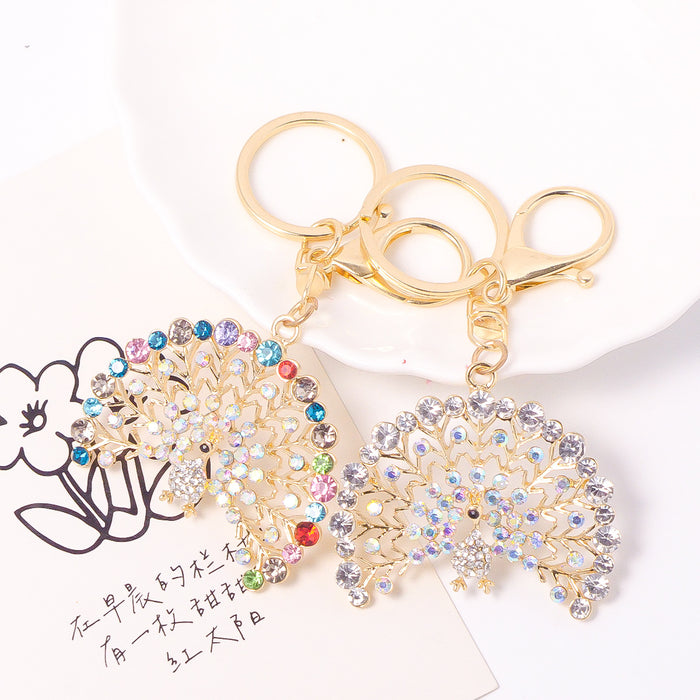 Rhinestone Peacock Keychain Gold Fan Tail Two Stone Colors