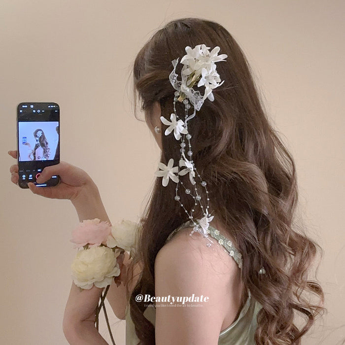 White Flower Lace Duckbill Hair Clip With Pearl Like Long Tassels