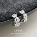 Silver Daisy Flower C Shape Hoop Earrings Pair Set view 1