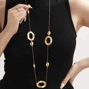 Textured Oval Station Long Necklace in Polished Gold Tone