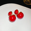 Gold Tone Double Disc Stud Earrings in Red and White view 6