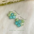 Aqua Lime Crackle Glass Cluster Drop Earrings Silver Hooks view 1