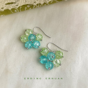 Aqua Lime Crackle Glass Cluster Drop Earrings Silver Hooks