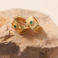 Gold Open Square Band Ring With Green Stone Sun Motif view 3