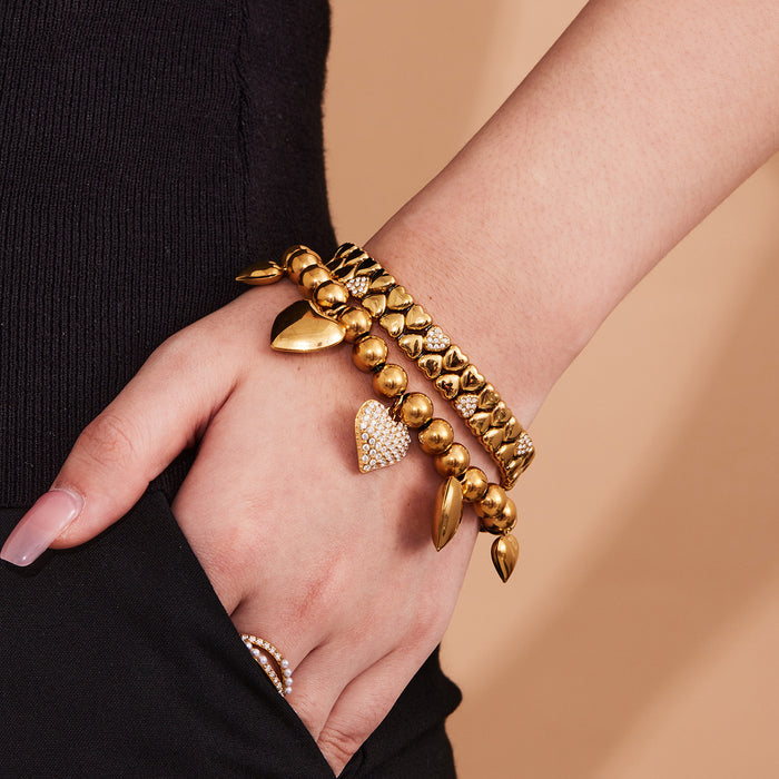 Crystal Heart Elastic and Chain Bracelets in Three Metal Finishes