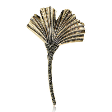 Pleated Ginkgo Leaf Brooch With Black Crystal Stem in Two Tones