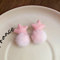 Pink Gingham Star Fluffy Pom Pom Stud Earrings Statement Pair view 6