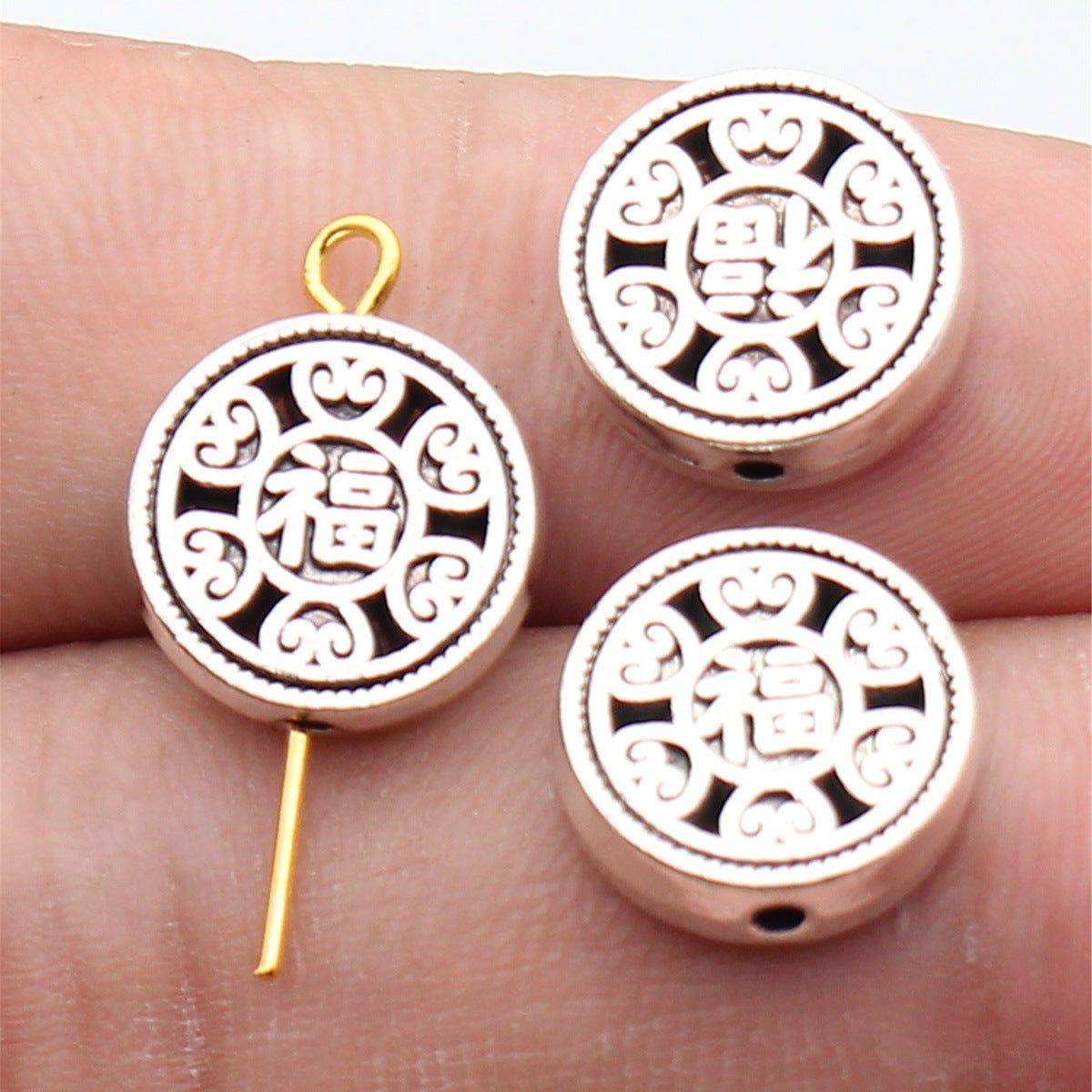 13x13x3.9mm 2.8g Multicolor Zinc Alloy Double-Sided Fu Character Round Flat Small Hole Beads for Jewelry