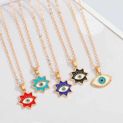 Main product view of gold Tone Enamel Evil Eye Pendant Necklaces in Five Shapes and Colors