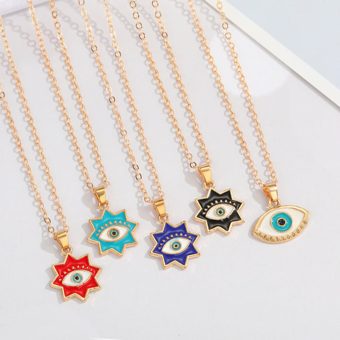 Gold Tone Enamel Evil Eye Pendant Necklaces in Five Shapes and Colors