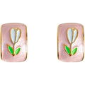 Pink Rectangle Enamel Tulip Stud Earrings Gold Rim view 5