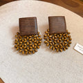 Wooden Square and Beaded Fan Stud Earrings Jewelry view 6