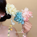 Fabric Flower Duckbill Hair Clips With Pearl Bell Tassels view 1