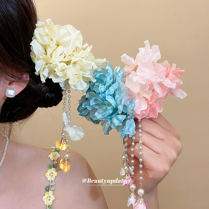 Fabric Flower Duckbill Hair Clips With Pearl Bell Tassels