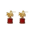 Gold Floral Drop Earrings Glass Cube Dark Green Or Wine Red view 5