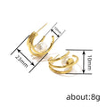Gold Triple Band Faux Pearl Geometric Stud Earrings view 4