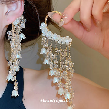 White Floral Cascade Long Tassel Ear Hook Earrings