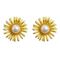 Gold Tone Radiating Petal White Pearl Sunflower Stud Earrings view 5