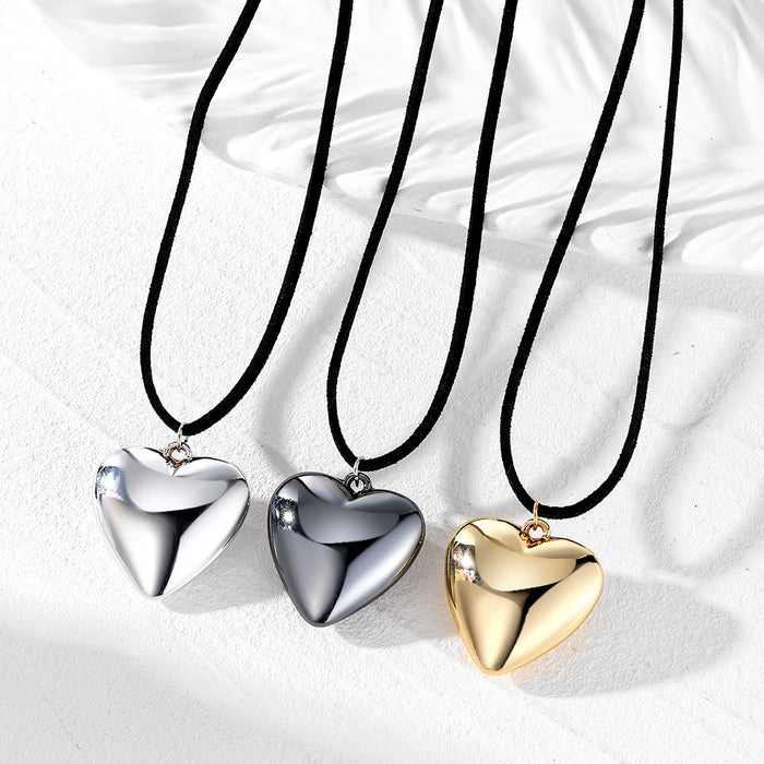 Black Cord Puffy Heart Pendant Necklaces in Three Finishes