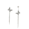 Silver Asymmetric Crystal Butterfly Tassel Chain Earrings view 5