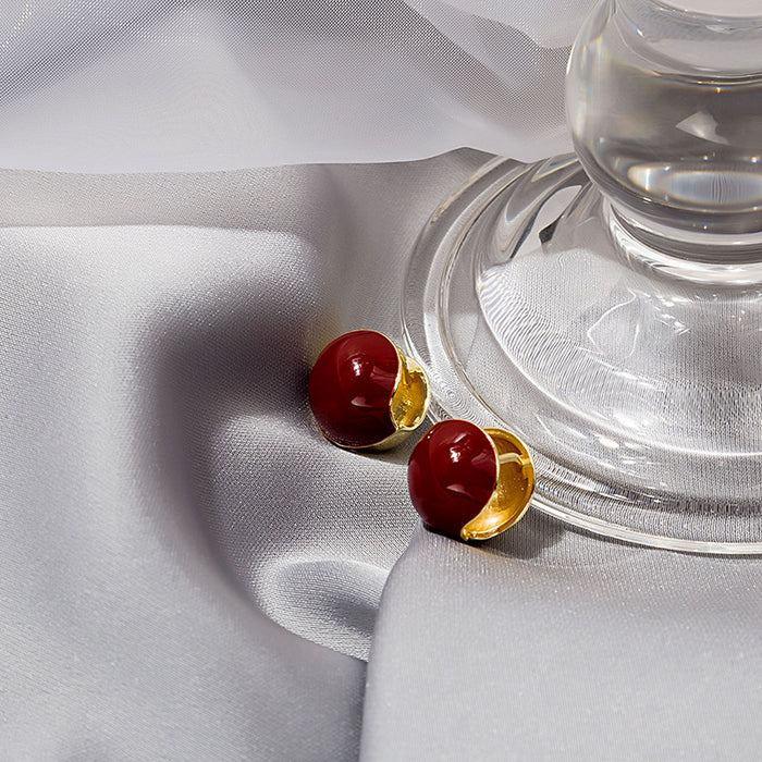 Deep Red Glossy Round Half Hoop Petite Small Stud Earrings